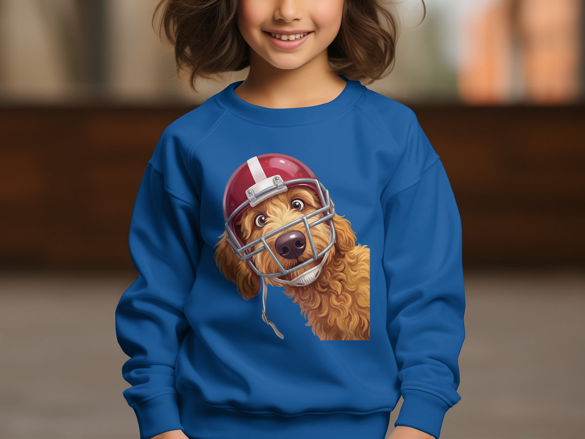 Blue sweatshirt with a cartoon goldendoodle wearing a red football helmet.