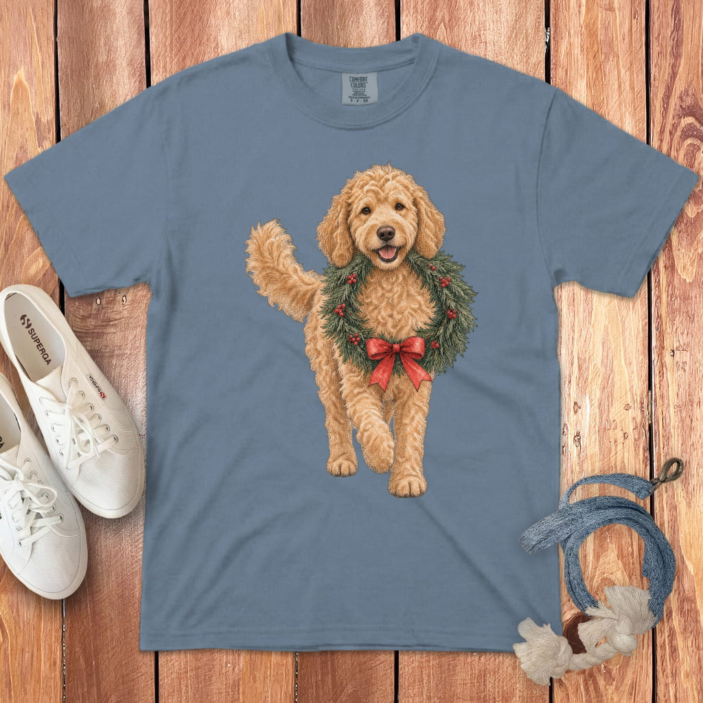 Apricot Goldendoodle Wreath Signature T-Shirt in Blue Jean / S by Puppy Jo
