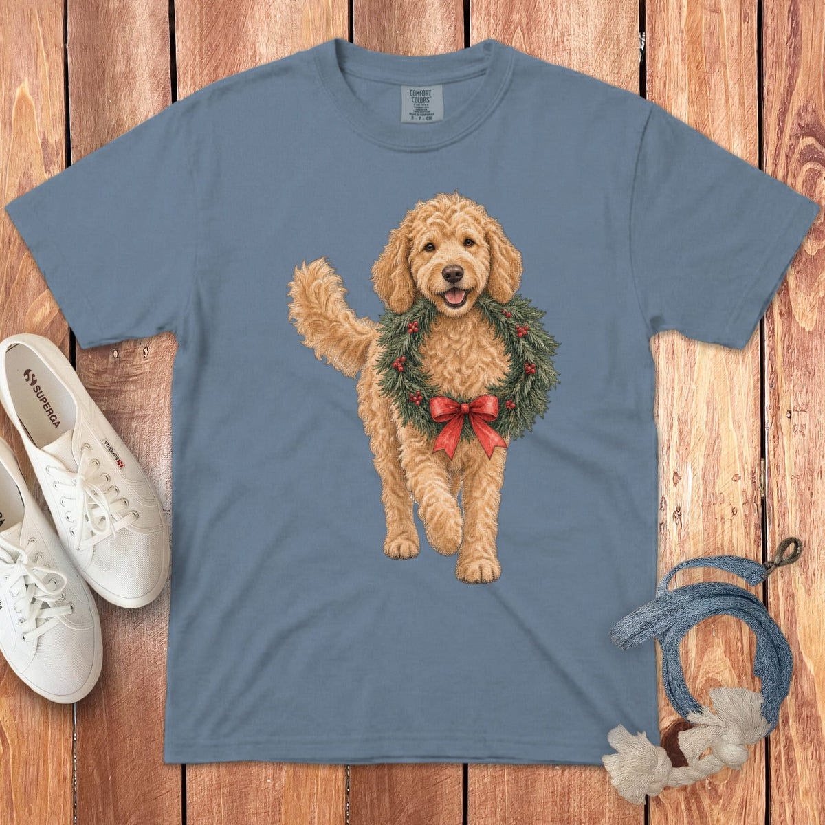 Apricot Goldendoodle Wreath Signature T-Shirt in Blue Jean / S by Puppy Jo