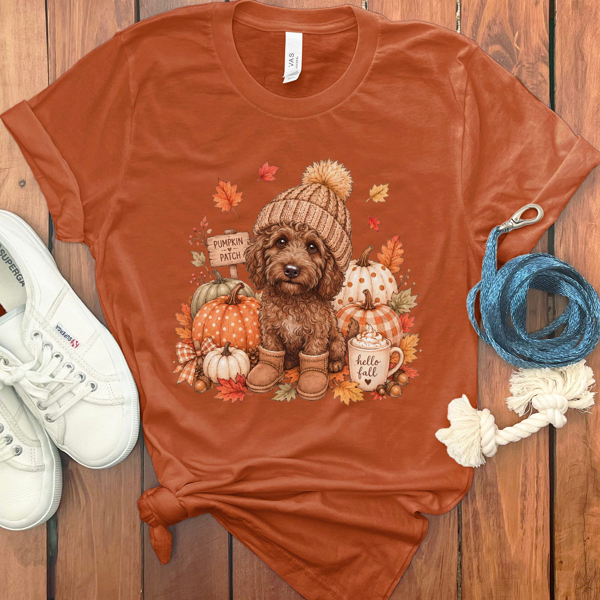Chocolate Goldendoodle Pumpkin Patch T-Shirt in Autumn / S by Puppy Jo