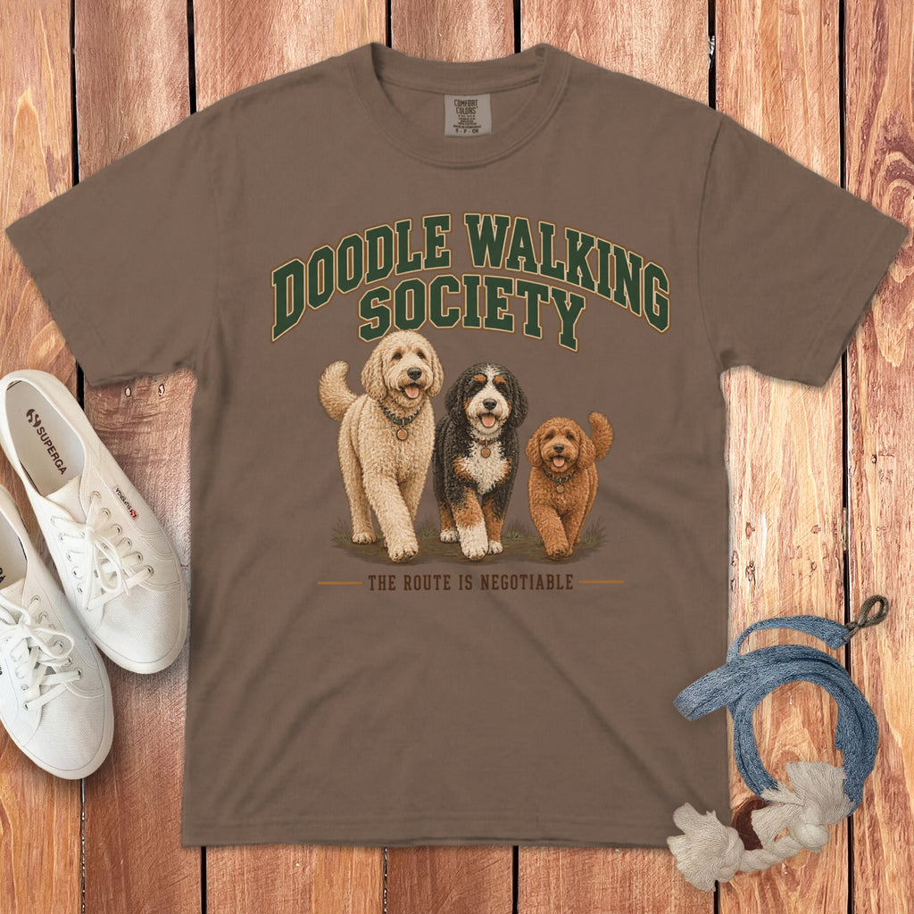 Brown crewneck t-shirt featuring Doodle Walking Society text and three doodle dogs on a wooden background.