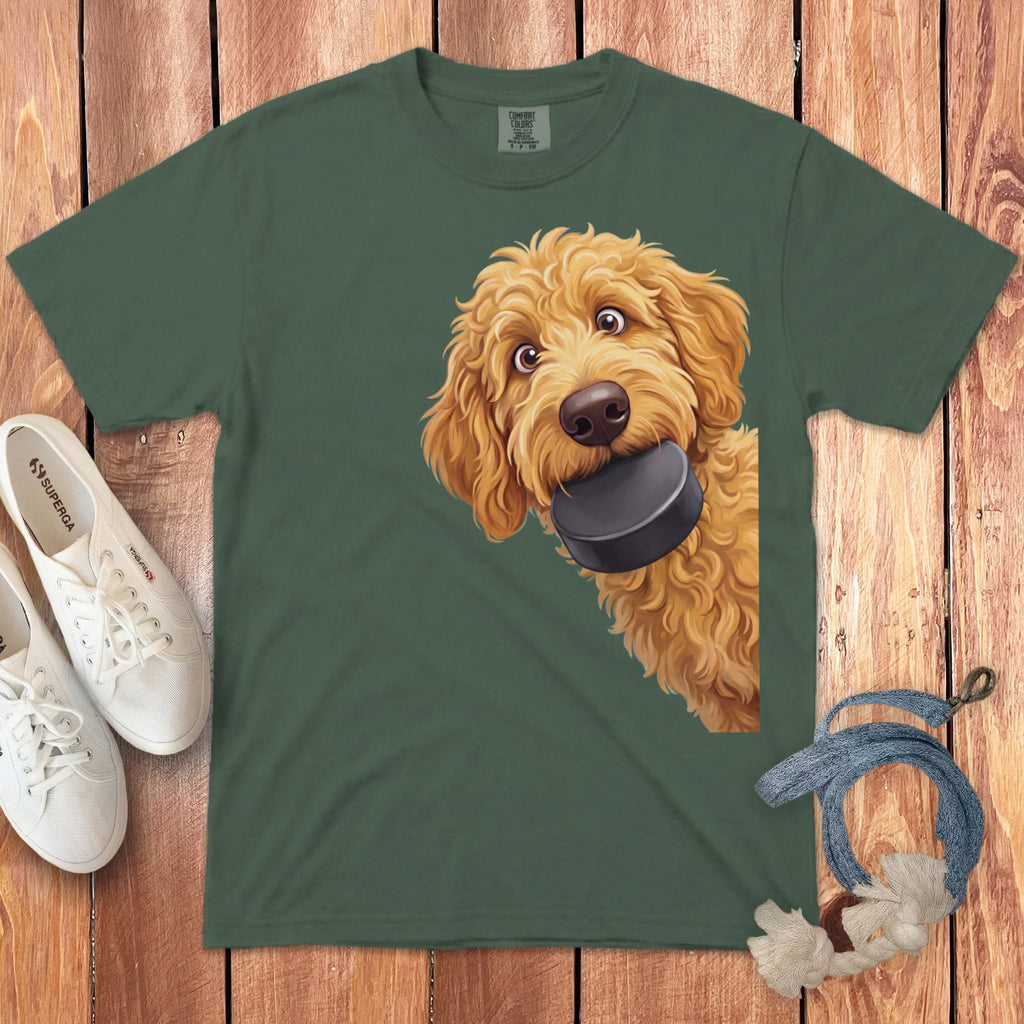 Golden Goldendoodle Hockey Puck Signature T-Shirt in Blue Spruce / S by Puppy Jo