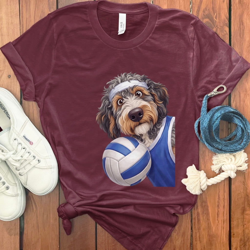 Aussiedoodle Volleyball Player T-Shirt in Maroon / S by Puppy Jo