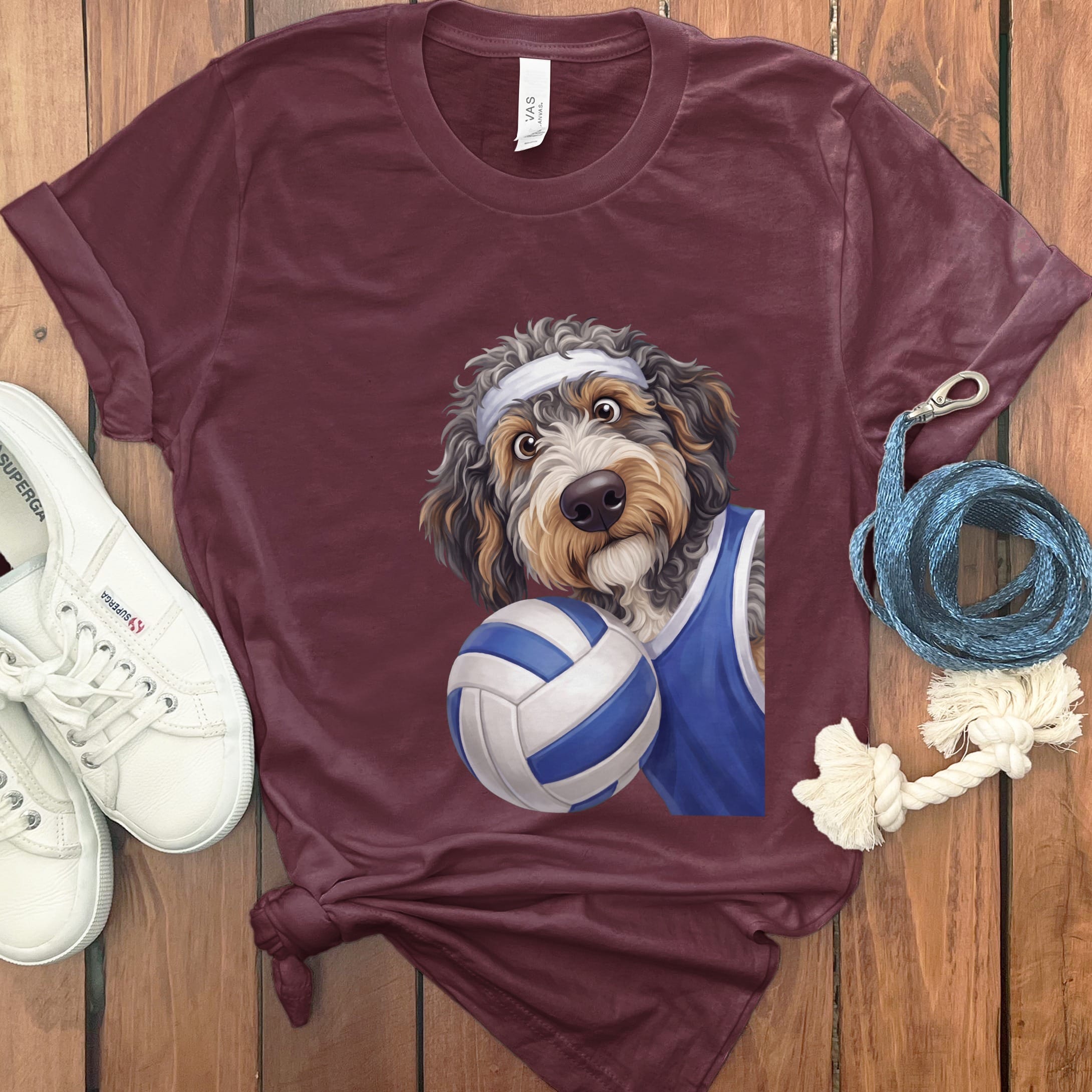 Aussiedoodle Volleyball Player T-Shirt in Maroon / S by Puppy Jo