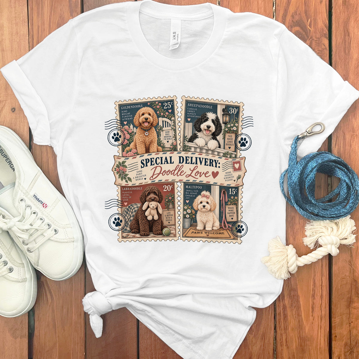 White t-shirt with "Special Delivery: Doodle Love" design featuring four doodle stamps.