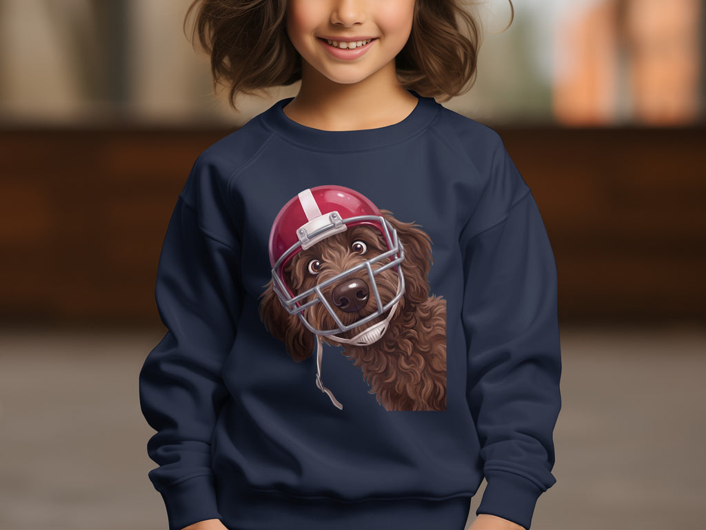 Brown dog with a red football helmet on a navy blue sweatshirt.