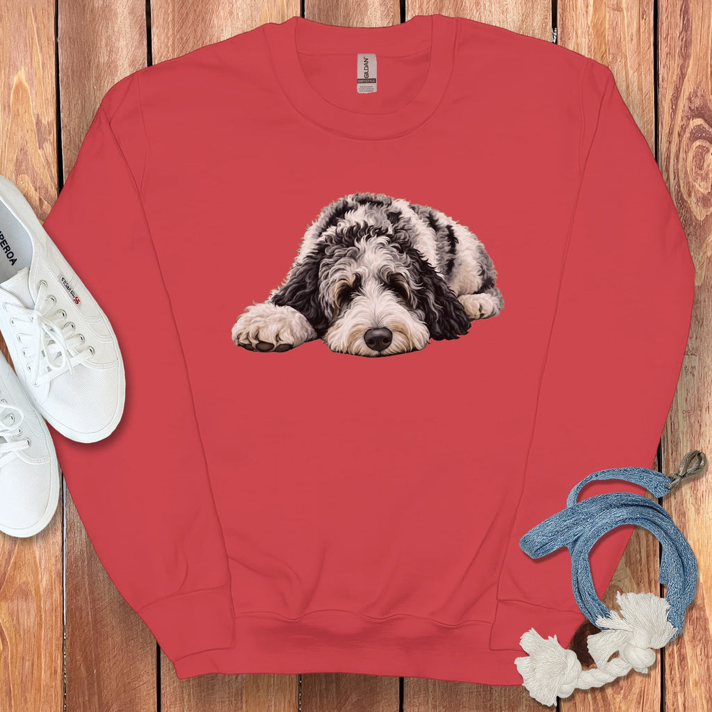 Merle Goldendoodle Snoozing Sweatshirt in Red / S by Puppy Jo