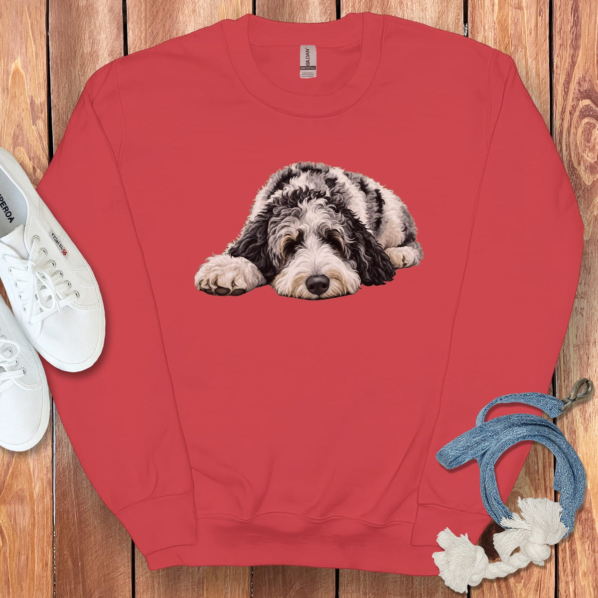 Merle Goldendoodle Snoozing Sweatshirt in Red / S by Puppy Jo