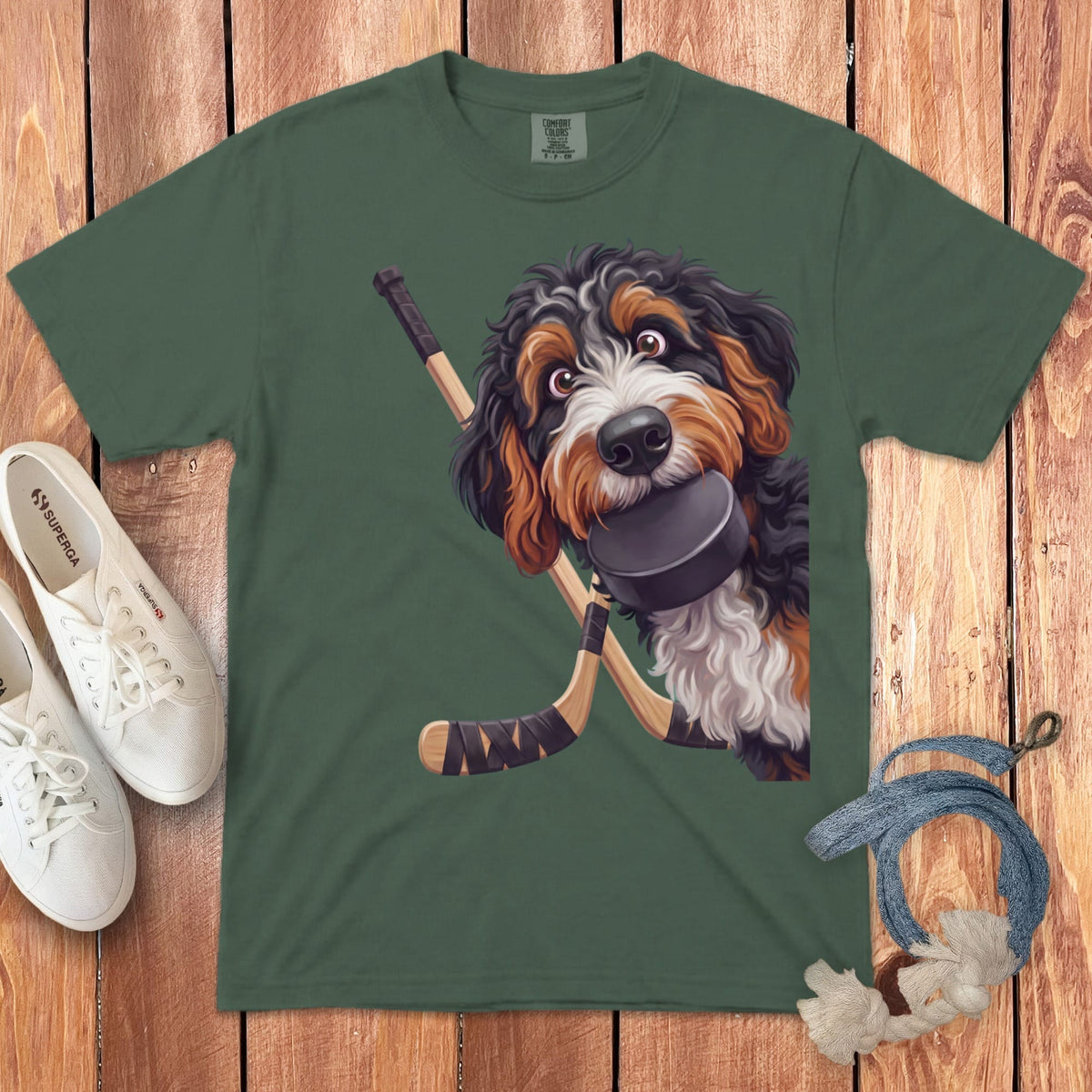 Bernedoodle Hockey Signature T-Shirt in Blue Spruce / S by Puppy Jo