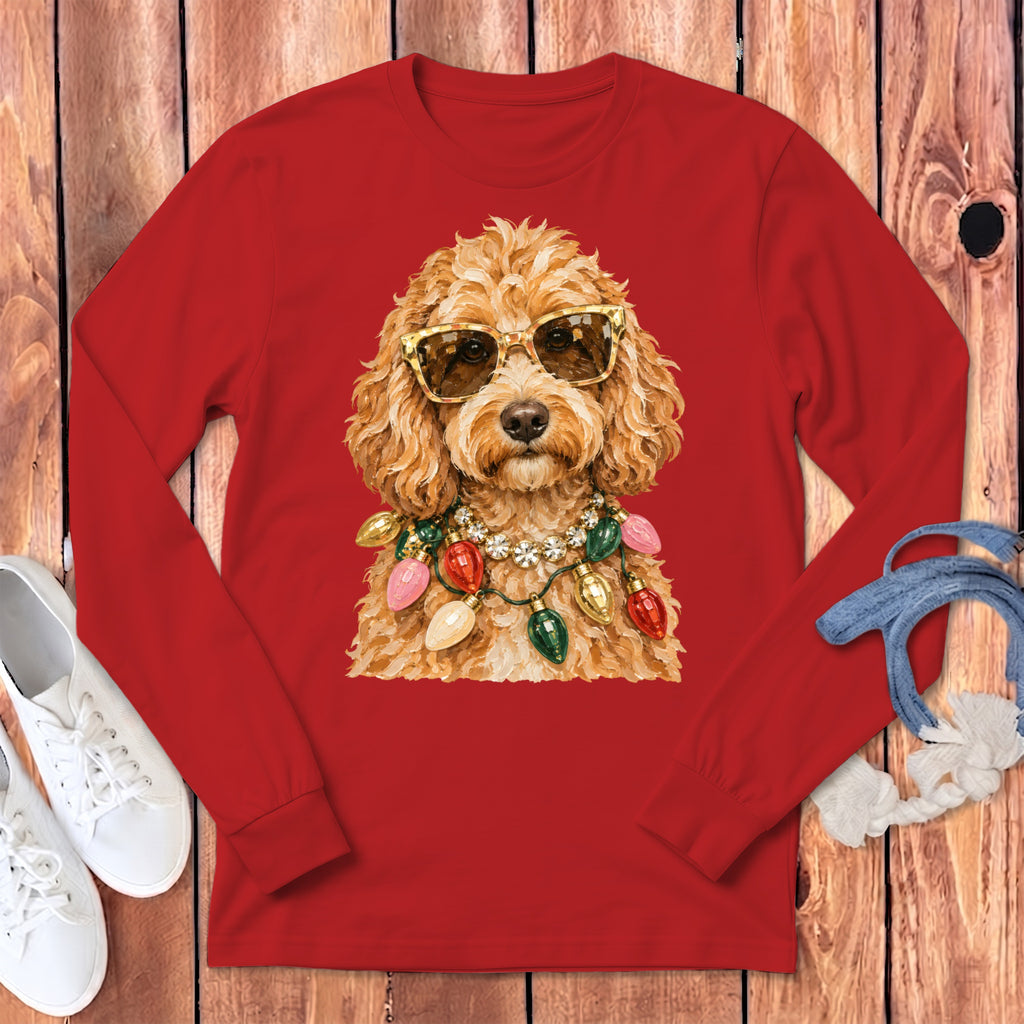Brown poodle wearing sunglasses and a Christmas lights necklace.