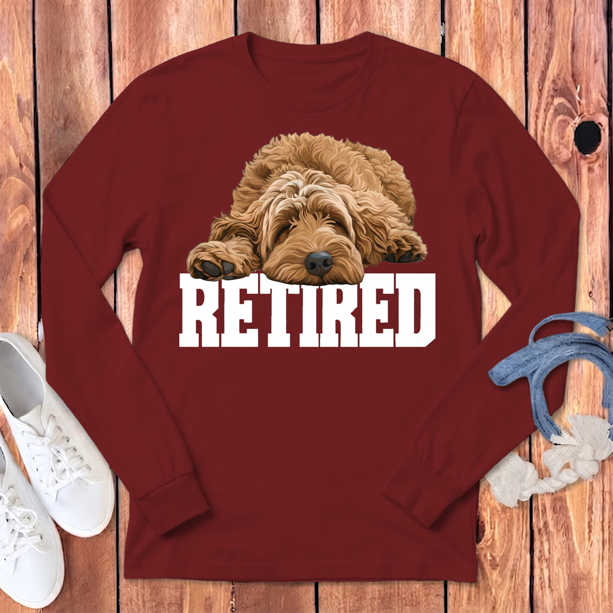 Retired Sleeping Apricot Goldendoodle Long Sleeve T-Shirt in Cardinal / S by Puppy Jo