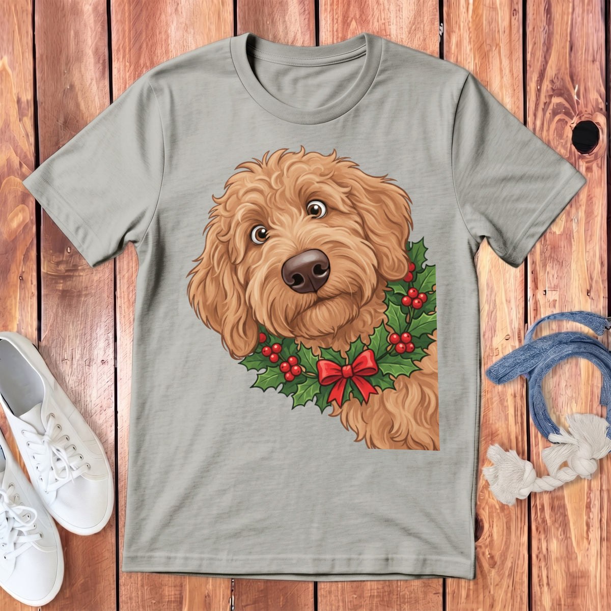 Light gray t-shirt with a cartoon dog wearing a holly wreath and red bow.