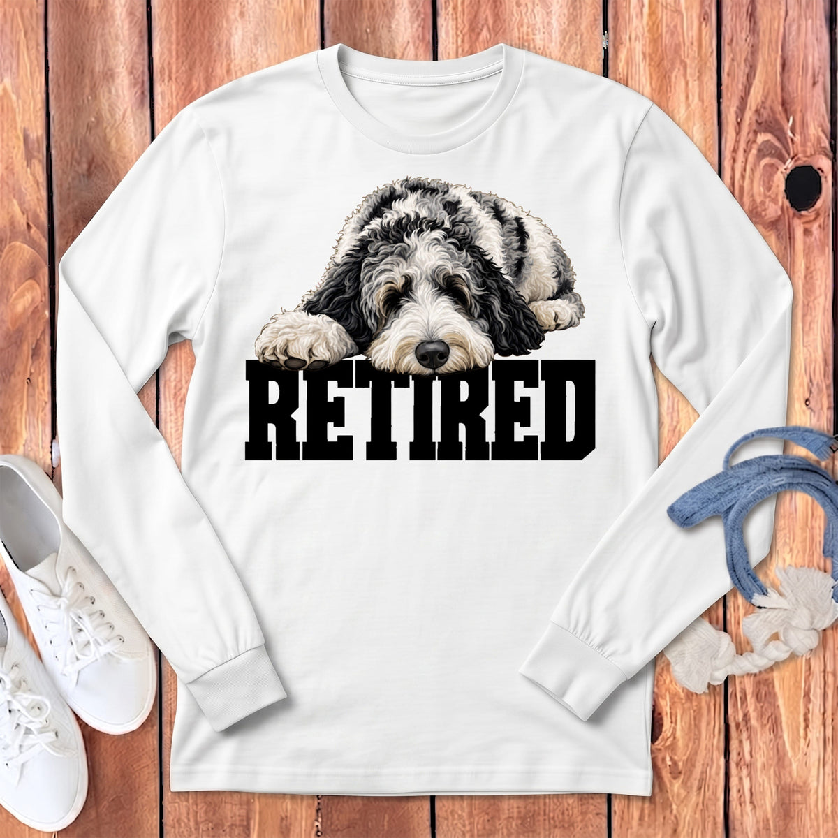Retired Sleeping Merle Goldendoodle Long Sleeve T-Shirt in White / S by Puppy Jo