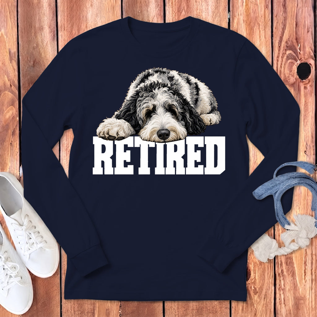 Retired Sleeping Merle Goldendoodle Long Sleeve T-Shirt in Navy / S by Puppy Jo