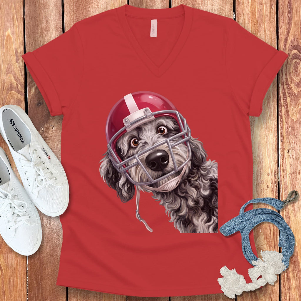 Merle Goldendoodle Football Helmet V-Neck T-Shirt in Red / S by Puppy Jo