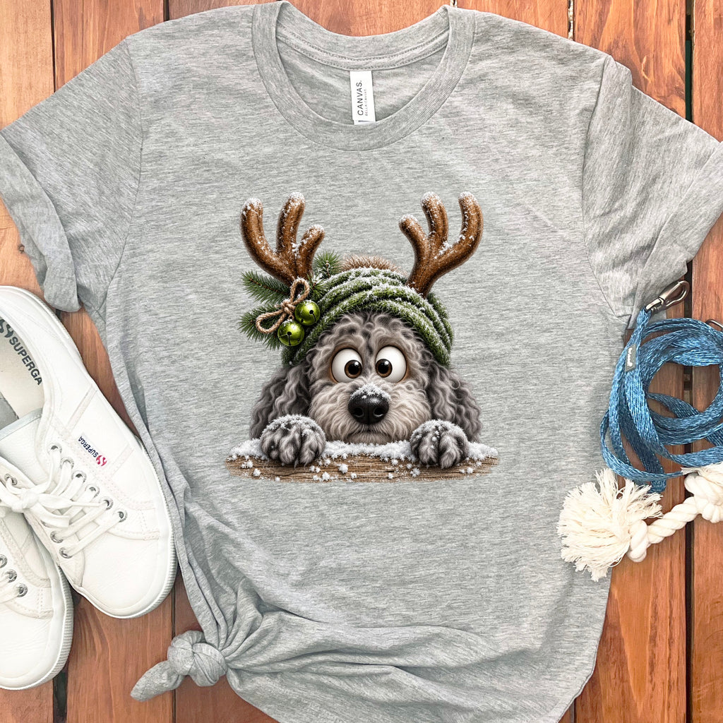 Grey t-shirt with a cartoon dog wearing reindeer antlers and a festive hat.
