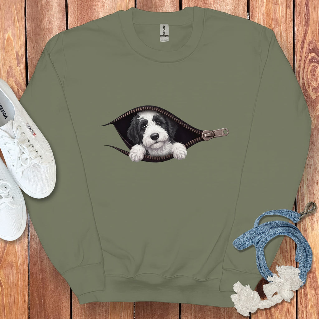 Sheepadoodle Peeking Zipper Sweatshirt in Military Green / S by Puppy Jo