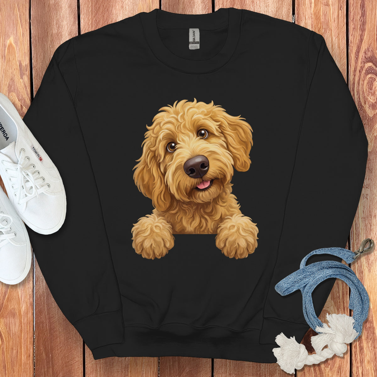 Black sweatshirt with a cartoon goldendoodle dog graphic and Gildan label.