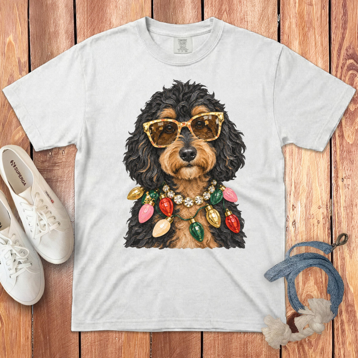 White t-shirt with dog wearing sunglasses and a string of Christmas lights.