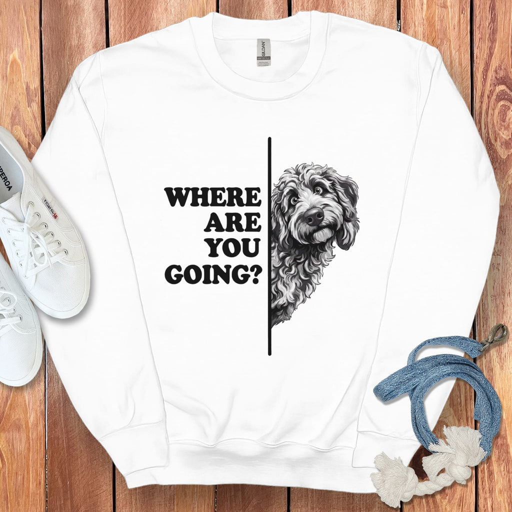 Where Going Merle Goldendoodle Sweatshirt in White / S by Puppy Jo