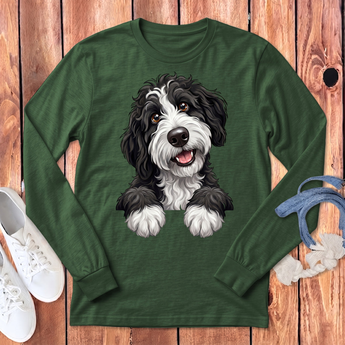 Green long-sleeve shirt featuring a playful black and white dog illustration.