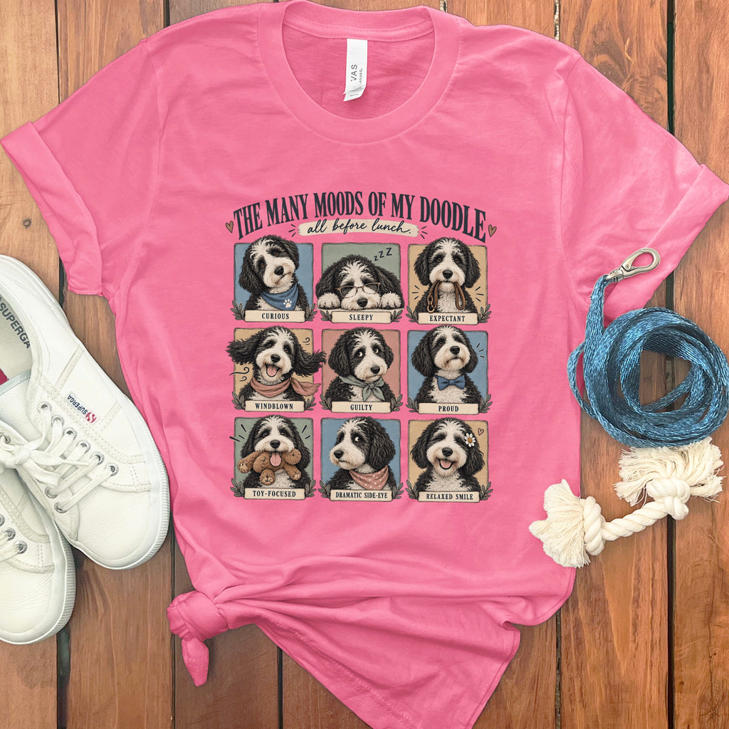 Pink t-shirt with grid of doodles showing "The Many Moods of My Doodle".