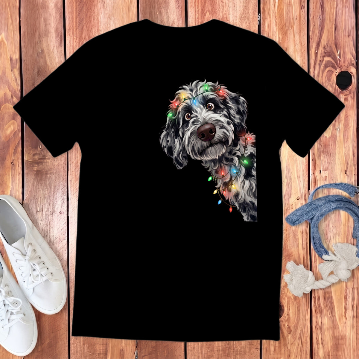 Black t-shirt with a black and white dog peeking out, adorned with colorful Christmas lights.