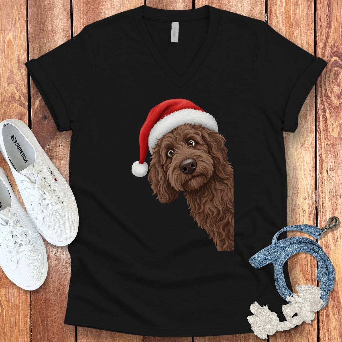 Chocolate Goldendoodle Holiday Santa V-Neck T-Shirt in Black / S by Puppy Jo