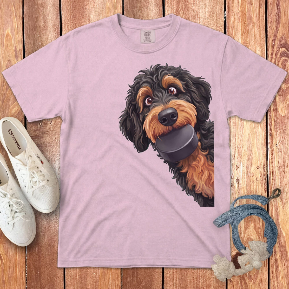 Phantom Goldendoodle Hockey Puck Signature T-Shirt in Blossom / S by Puppy Jo