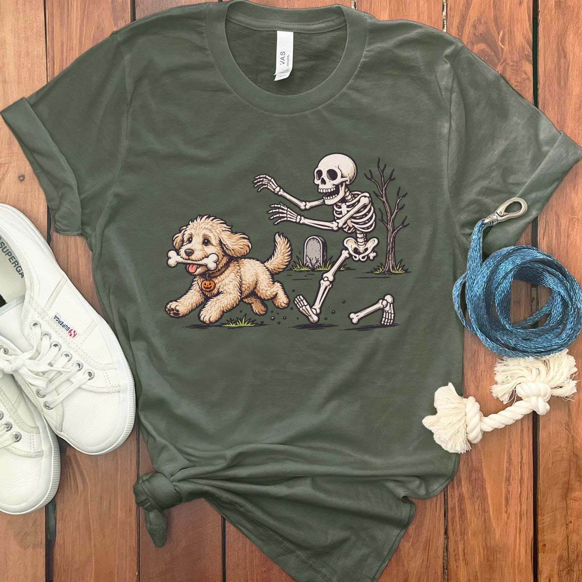 Cream Goldendoodle Bone Thief T-Shirt in Military Green / S by Puppy Jo