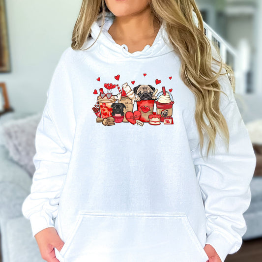 Pugs and Coffee Valentine Hoodie Sweatshirt - PuppyJo Hoodie S / White