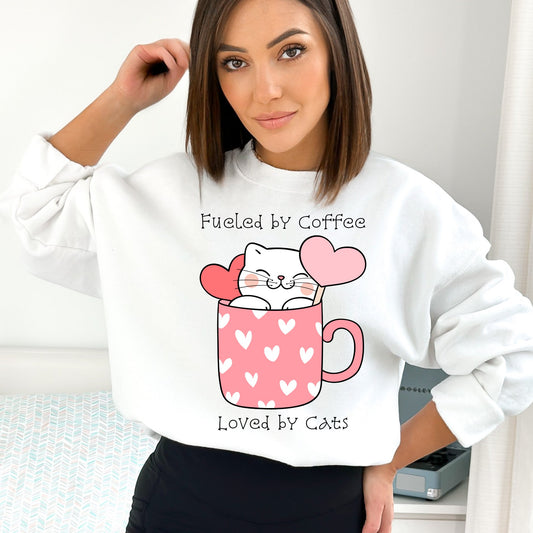Cute Cats Fueled by Coffee Loved By Cats Valentine Sweatshirt - PuppyJo Sweatshirt