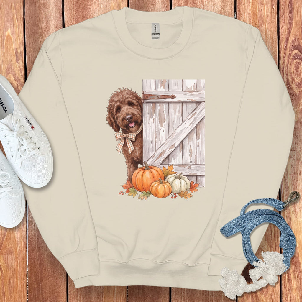 Chocolate Goldendoodle Barn Peeking Sweatshirt in Sand / S by Puppy Jo