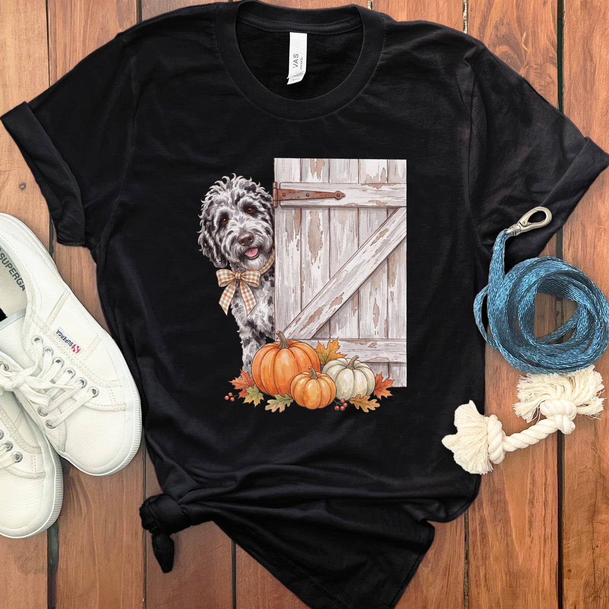 Merle Goldendoodle Barn Peeking T-Shirt in Black / S by Puppy Jo