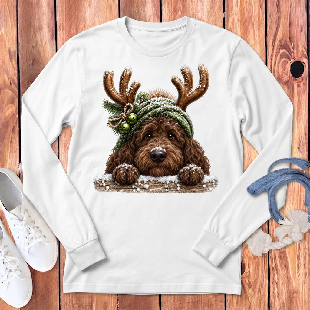 White long-sleeve t-shirt with a Christmas dog graphic wearing antlers and a hat.