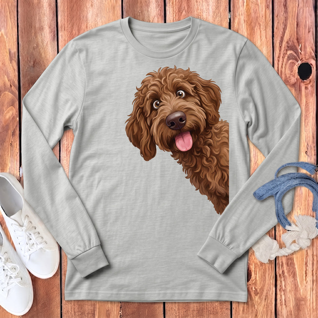 Light grey long-sleeve t-shirt with a brown dog illustration peeking from the side.