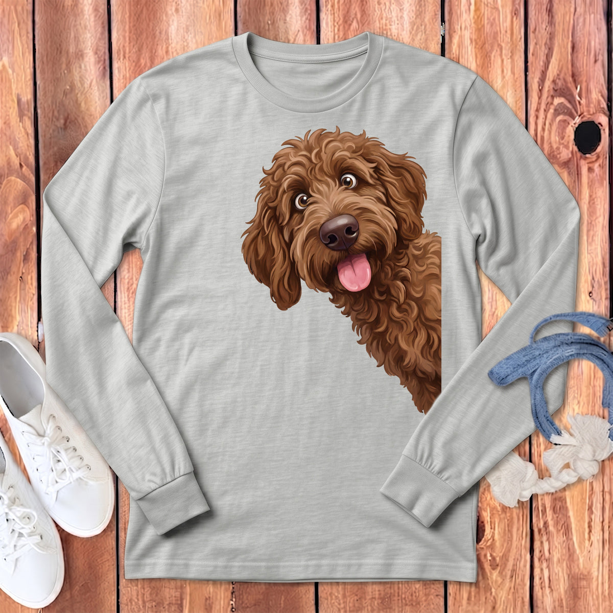Light grey long-sleeve t-shirt with a brown dog illustration peeking from the side.