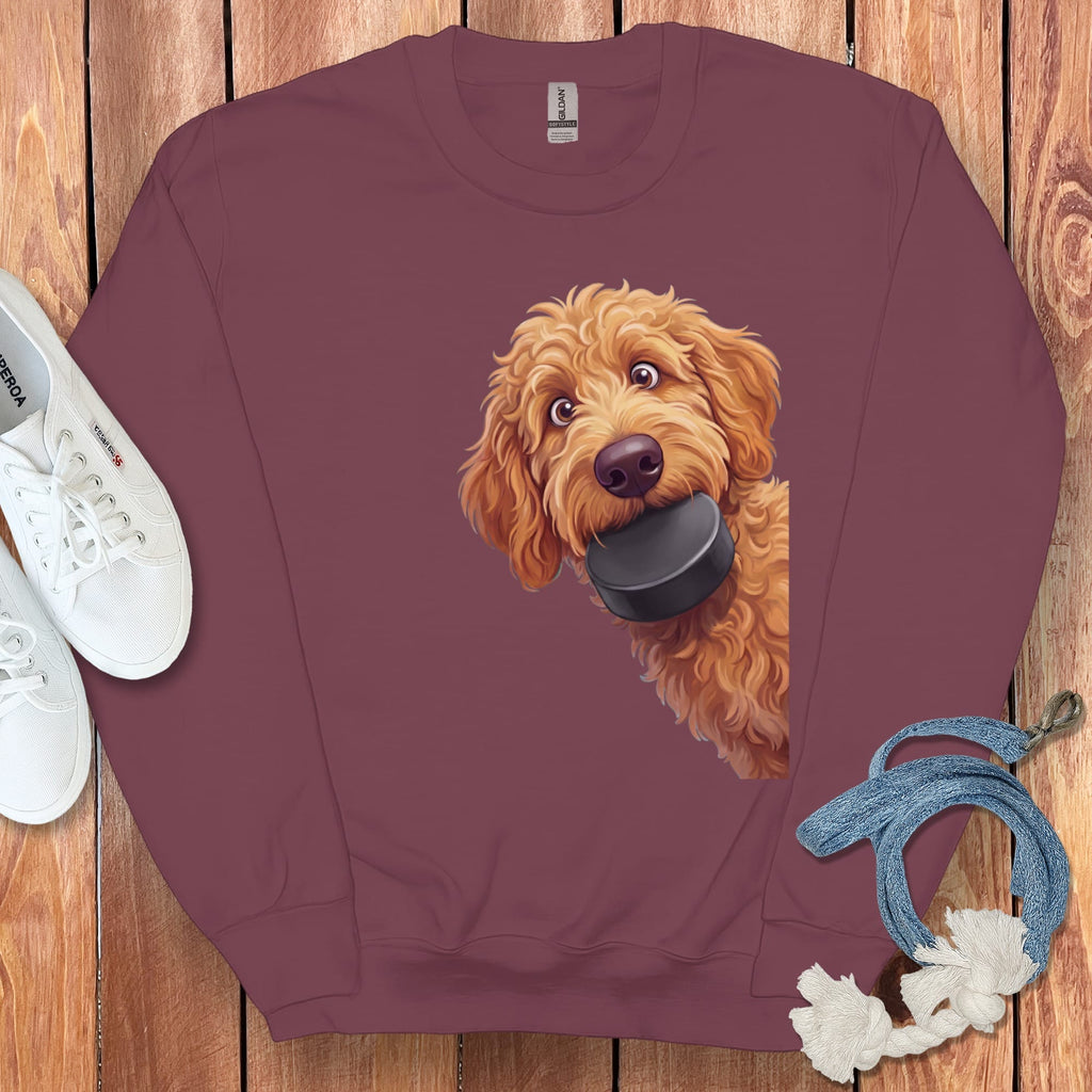 Apricot Goldendoodle Hockey Puck Sweatshirt in Maroon / S by Puppy Jo