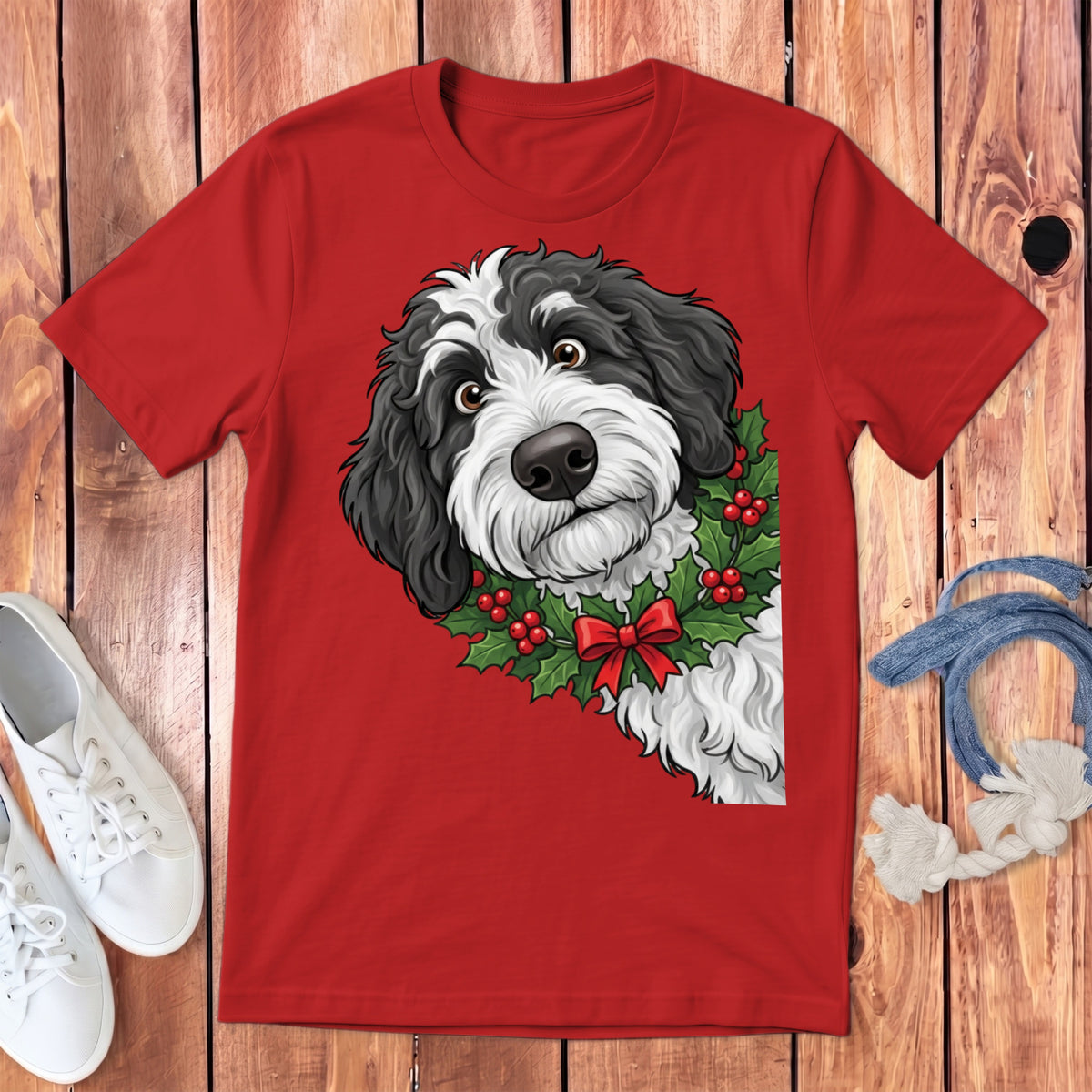 Red t-shirt with a black and white dog wearing a holly wreath and red bow.