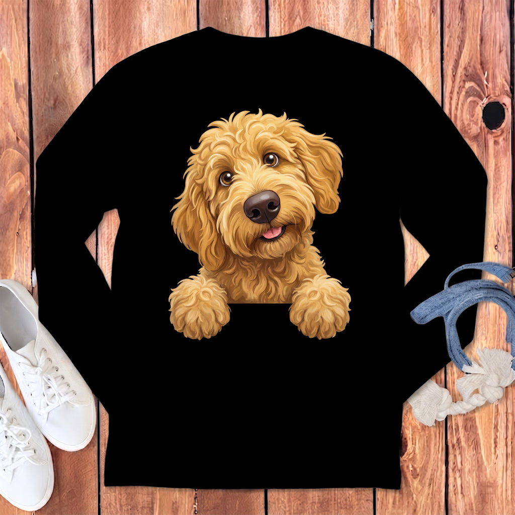 Black long-sleeved shirt with a graphic of a golden doodle dog.