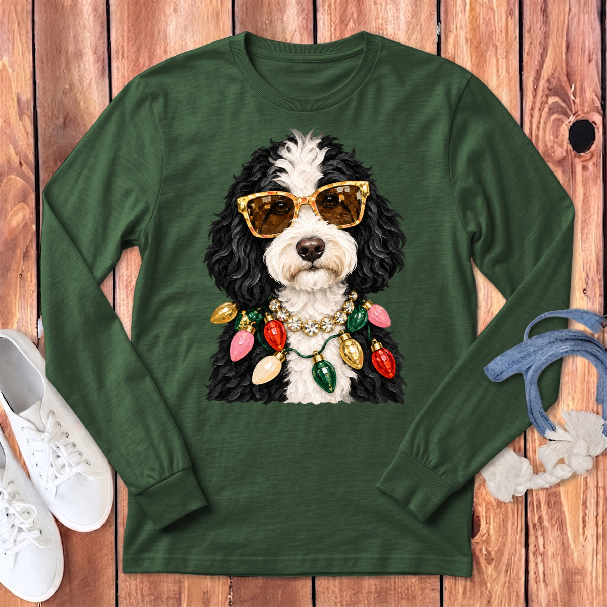 Sheepadoodle Christmas Glam Long Sleeve T-Shirt in Heather Forest / S by Puppy Jo