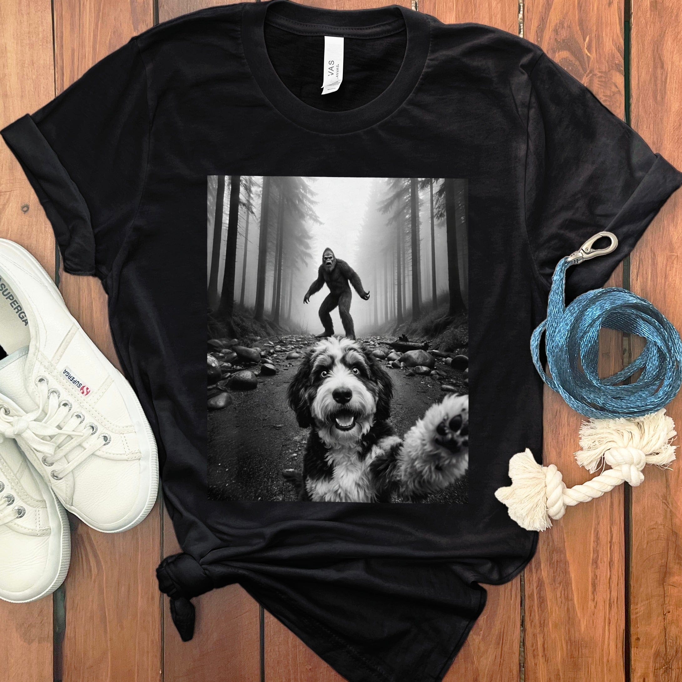 Black Tee Featuring Adorable Dog And Forest Background