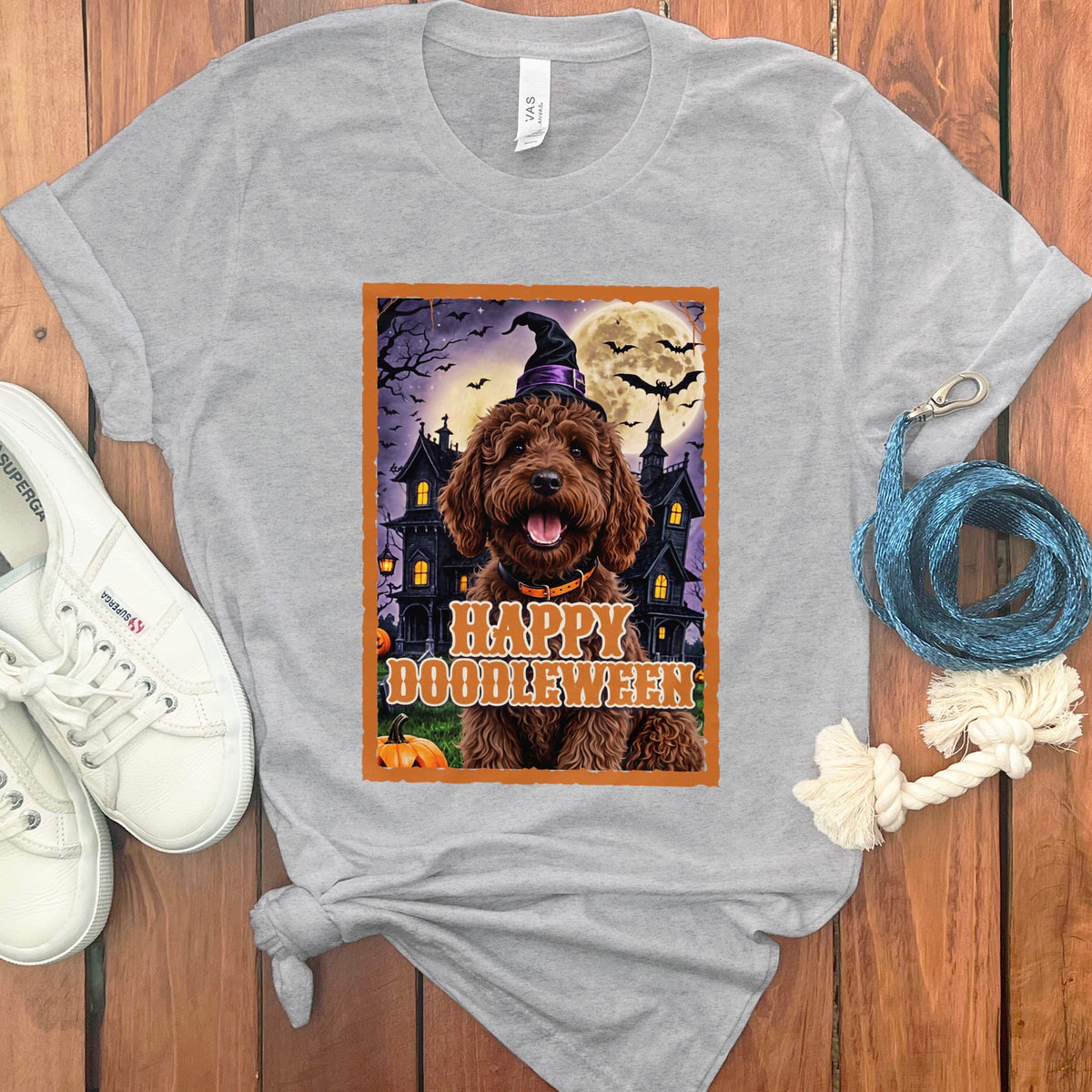 Chocolate Goldendoodle Happy Doodleween T-Shirt in Athletic Heather / M by Puppy Jo