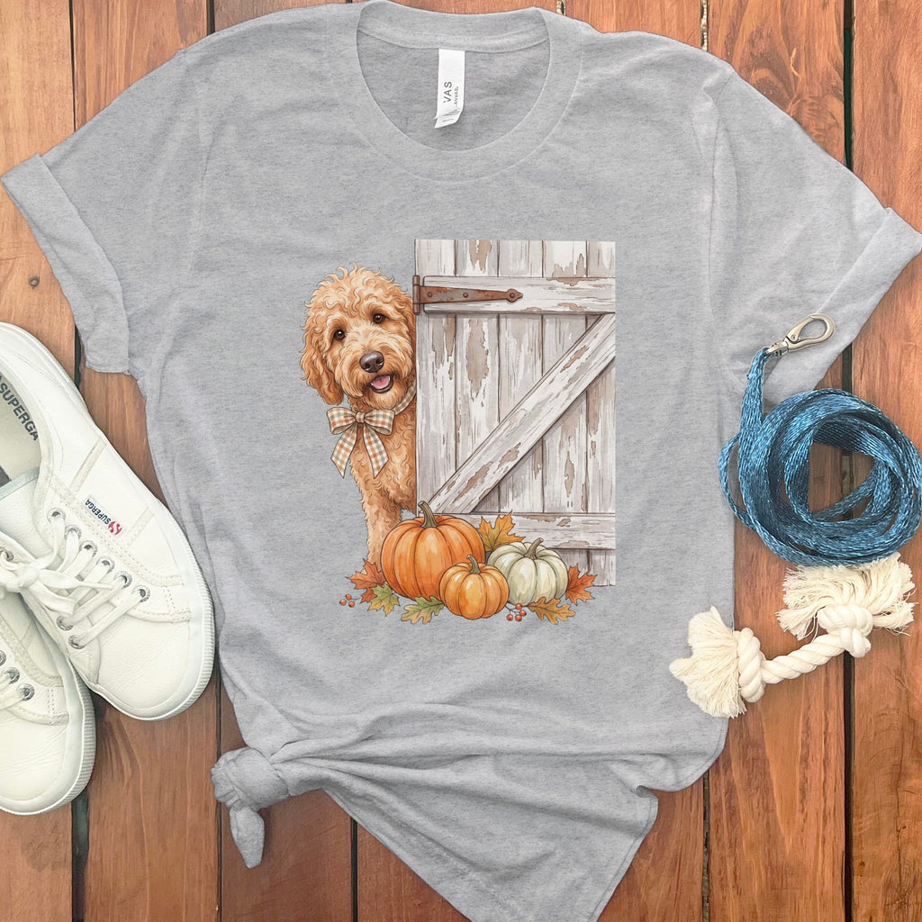 Apricot Goldendoodle Barn Peeking T-Shirt in Athletic Heather / S by Puppy Jo