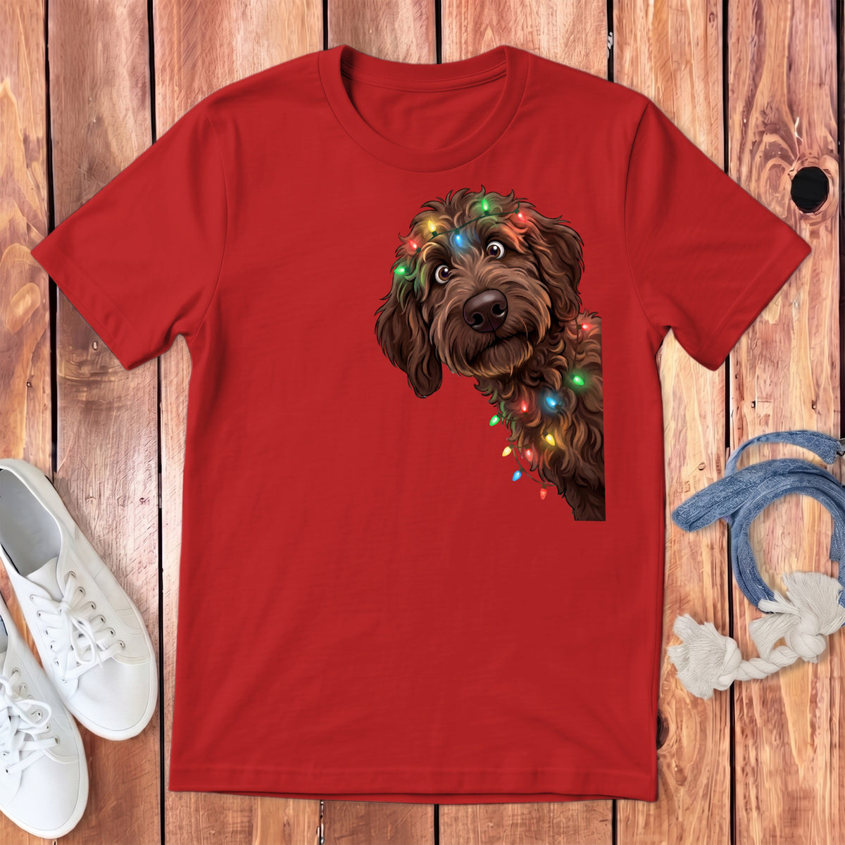 Red t-shirt featuring a brown dog tangled in colorful Christmas lights.