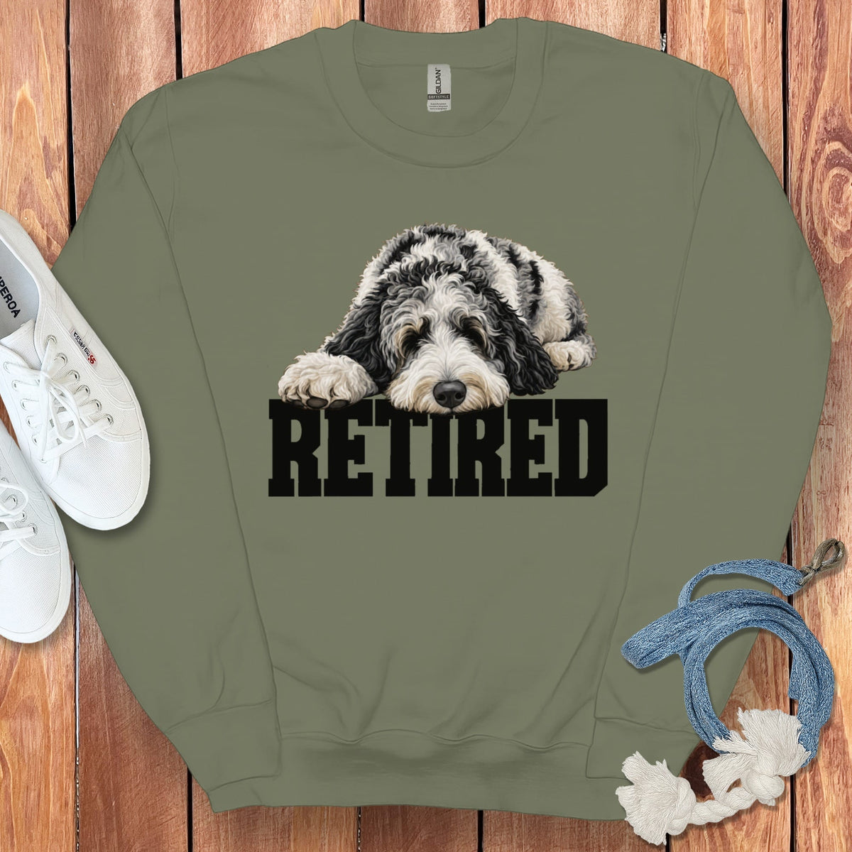 Retired Sleeping Merle Goldendoodle Sweatshirt in Military Green / S by Puppy Jo
