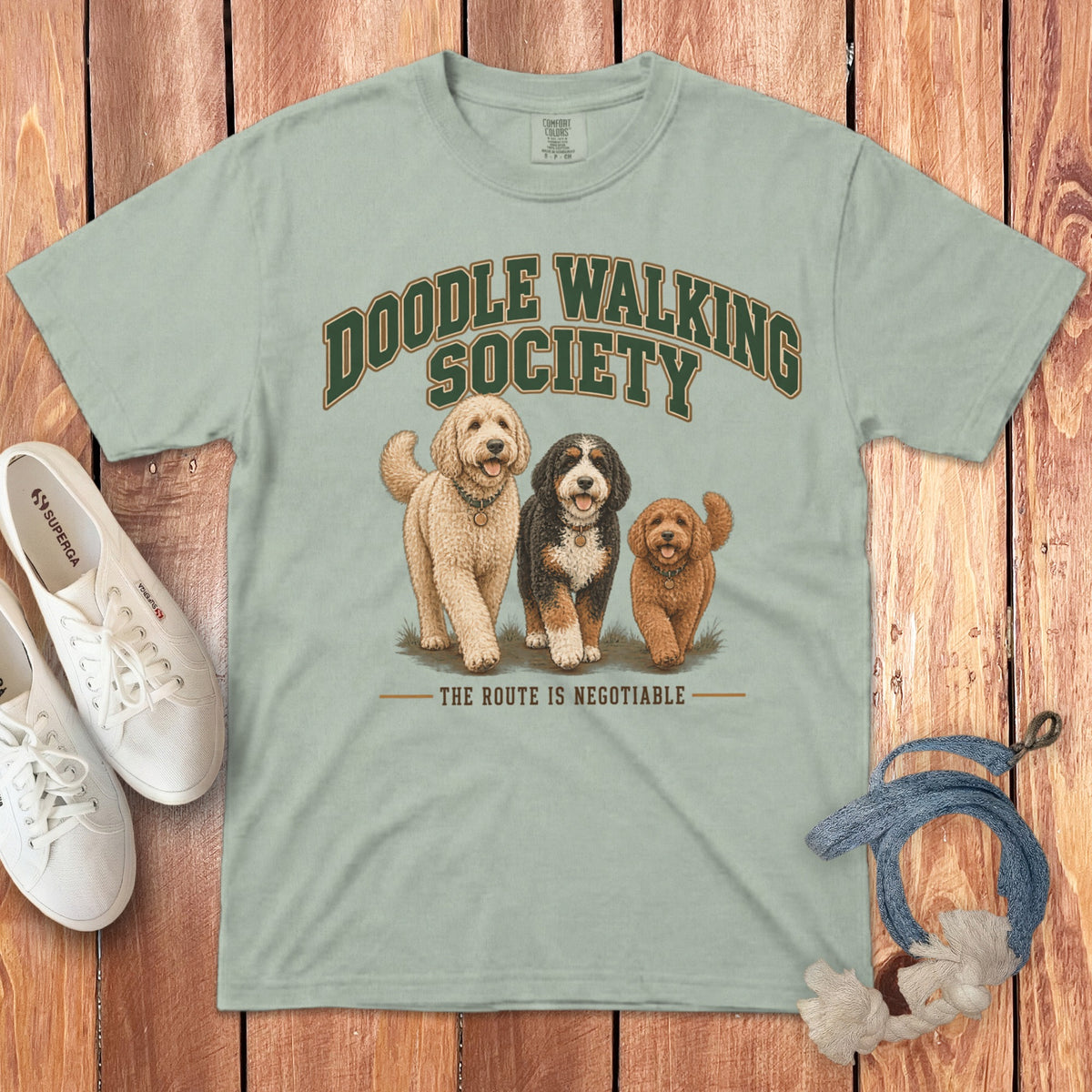 Sage green crew neck t-shirt featuring three doodle dogs and the text Doodle Walking Society.