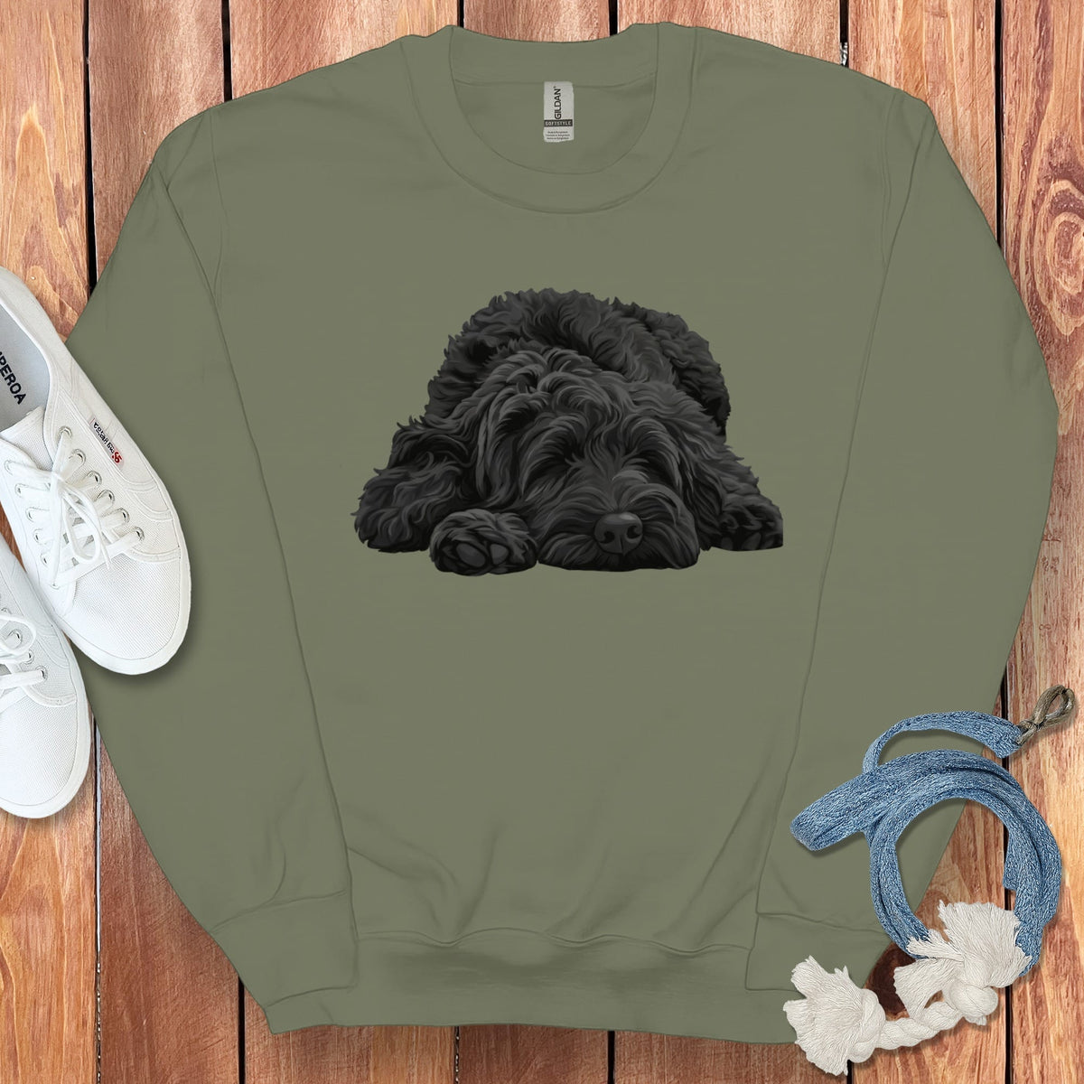 Black Goldendoodle Snoozing Sweatshirt in Military Green / S by Puppy Jo