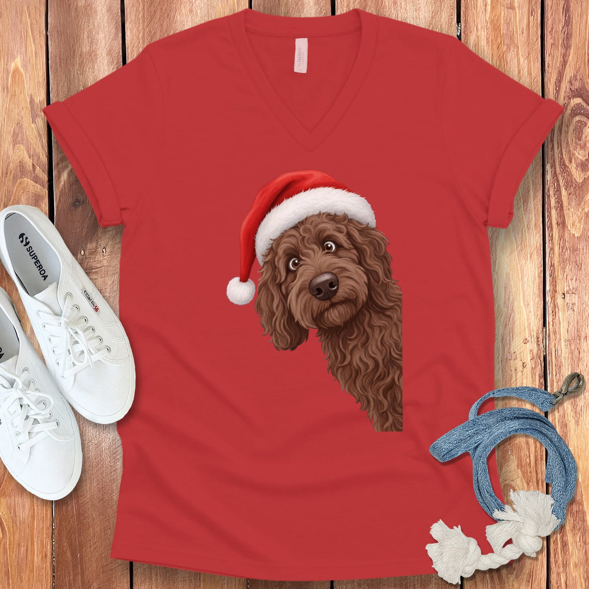 Chocolate Goldendoodle Holiday Santa V-Neck T-Shirt in Red / S by Puppy Jo