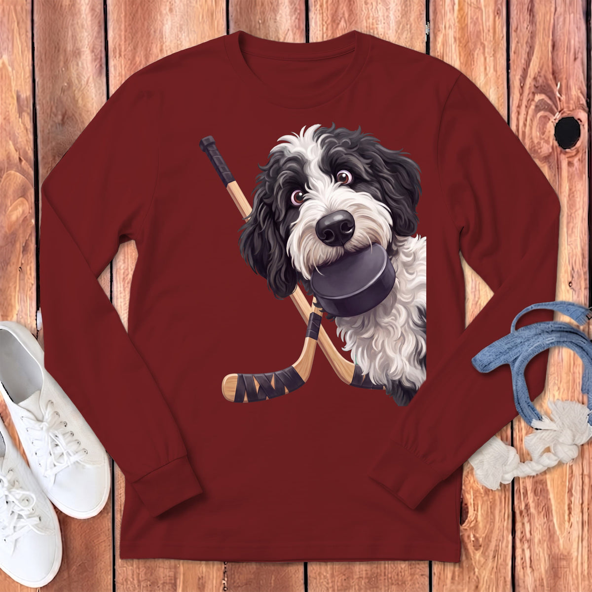 Sheepadoodle Hockey Long Sleeve T-Shirt in Cardinal / S by Puppy Jo